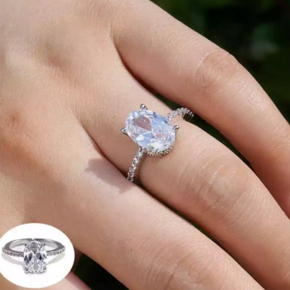 NEW 2CT Oval Cut Solitaire Diamond 925 Silver Ring - Picture 3 of 9